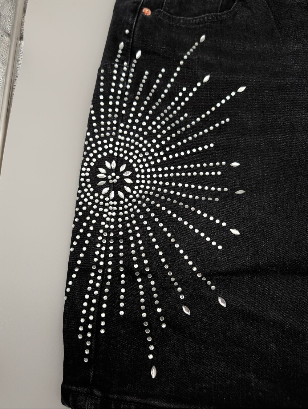 Purple Brand Black Denim Shorts with Silver Studded Sunburst Design Size 38 - Picture 5 of 15